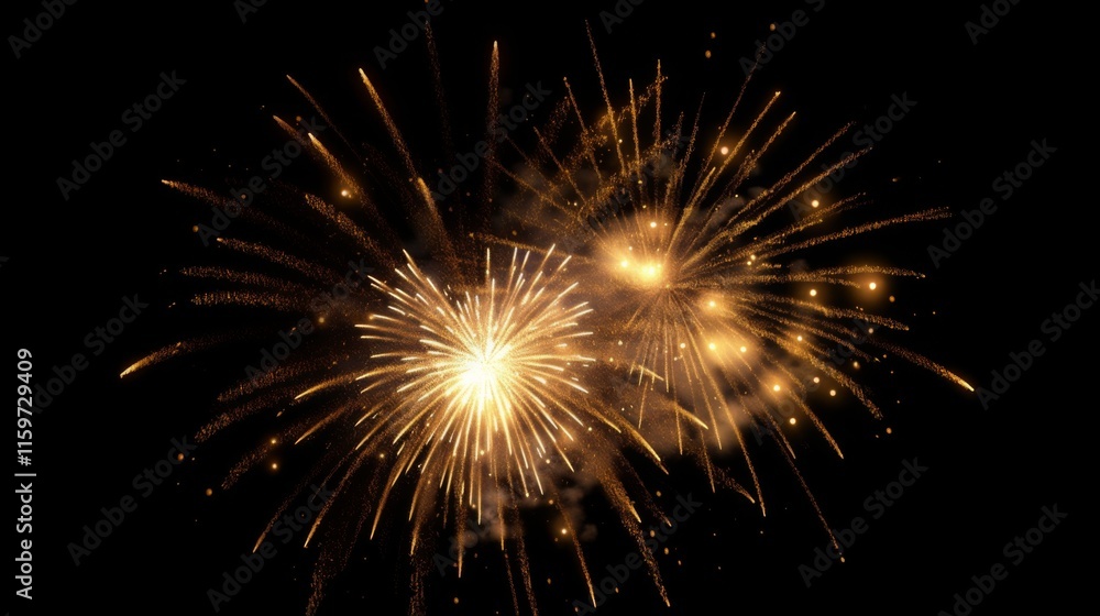 Fototapeta premium Golden real firework explosion with glittering sparks on a black background
