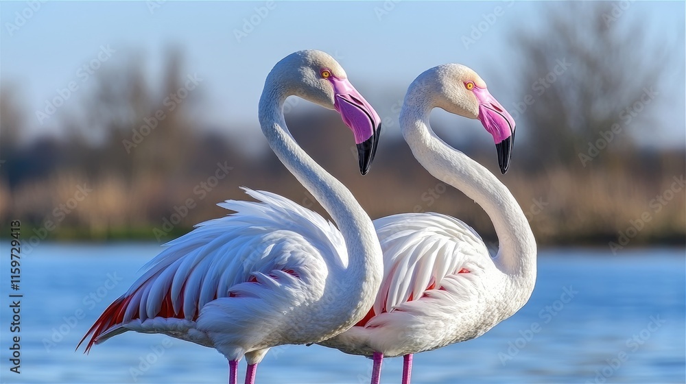 Elegant flamingos pairing in tranquil waterscape nature photography serene environment close-up view