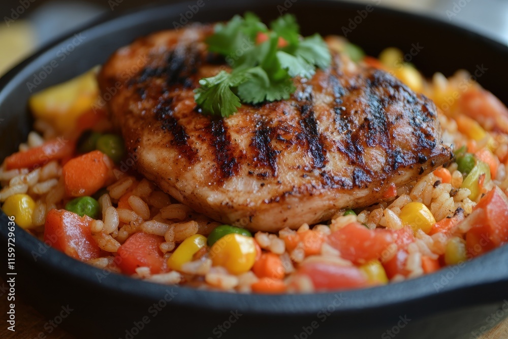 Chicken steak with veggies over Mexican rice