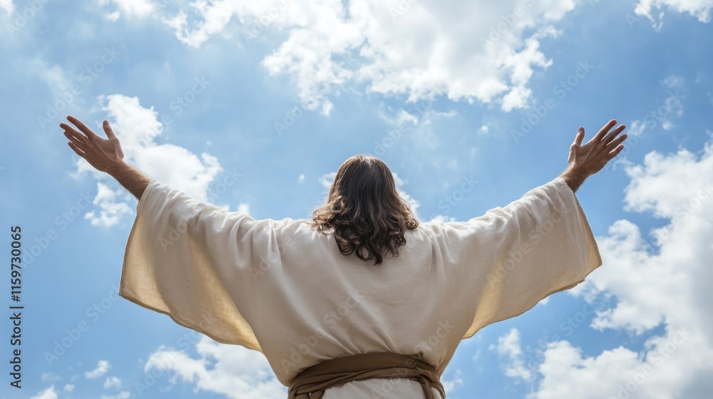Jesus Christ with open arms reaching out in the sky. Religion concept background Jesus Christ with open arms reaching out in the sky. Religion concept background