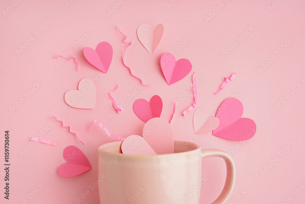 Cup with hearts and shredded paper on pink background. Valentine's Day celebration Cup with hearts and shredded paper on pink background. Valentine's Day celebration