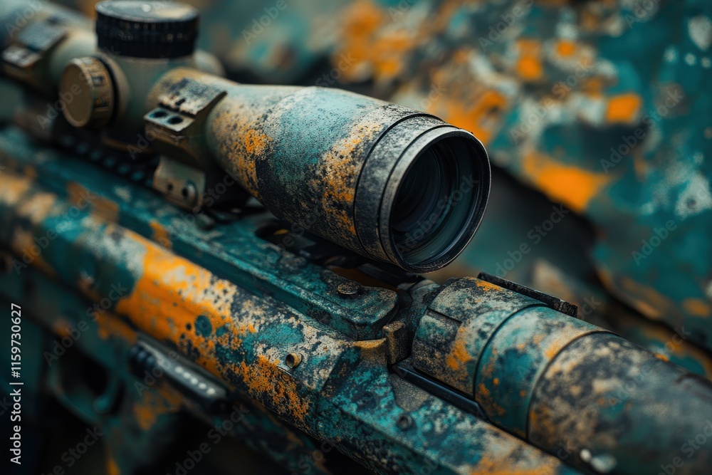 Close up of camouflaged sniper rifle and scope