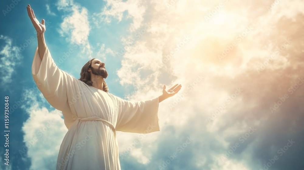 Jesus Christ with open arms reaching out in the sky. Religion concept background Jesus Christ with open arms reaching out in the sky. Religion concept background