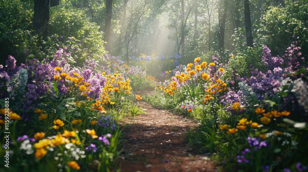 Fototapeta premium Sunlit path through a vibrant, flower-filled forest. (2)