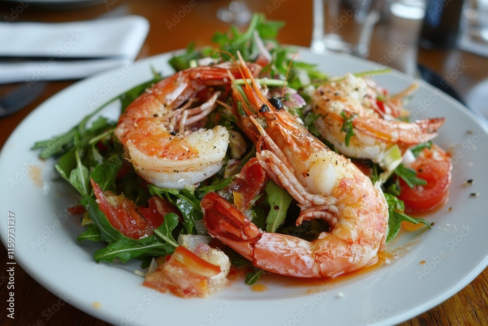 Close up of salad featuring prawns avocado and mango Close up of salad featuring prawns avocado and mango