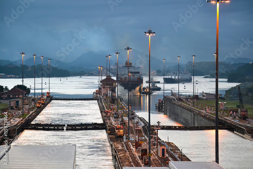 Cargo Ship Navigating Panama Canal Locks at Dusk with Illuminated Poles