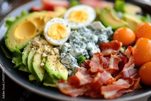 Cobb Salad A filling dish with lettuce bacon avocado eggs and blue cheese topped with dressing photo