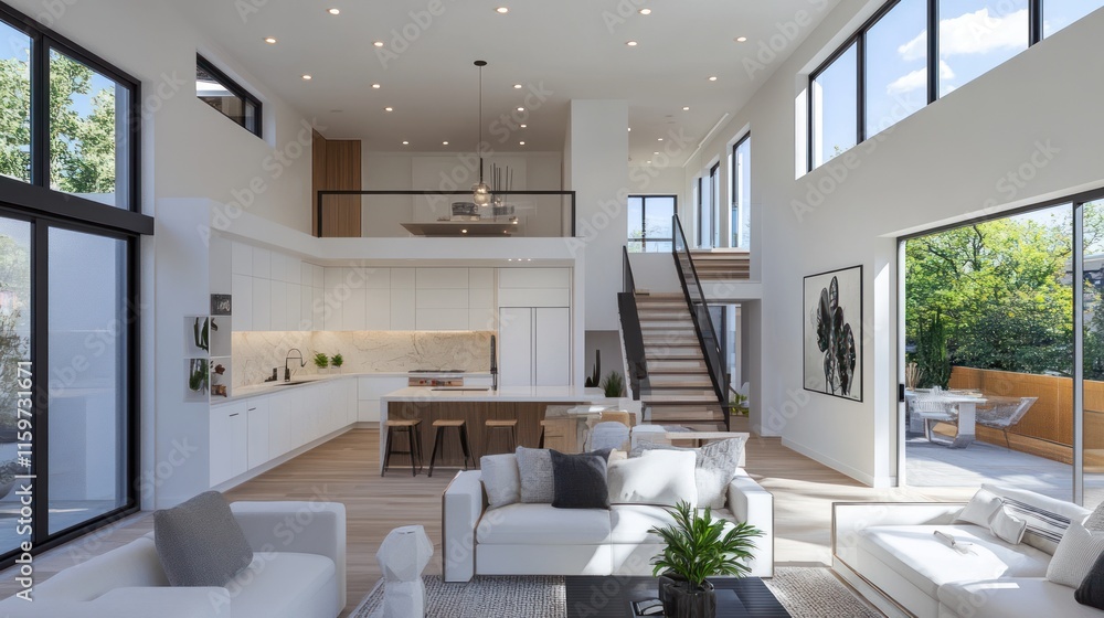 Modern Open-Plan Home Design: Luxurious Living Space with High Ceilings and Natural Light Modern Open-Plan Home Design: Luxurious Living Space with High Ceilings and Natural Light