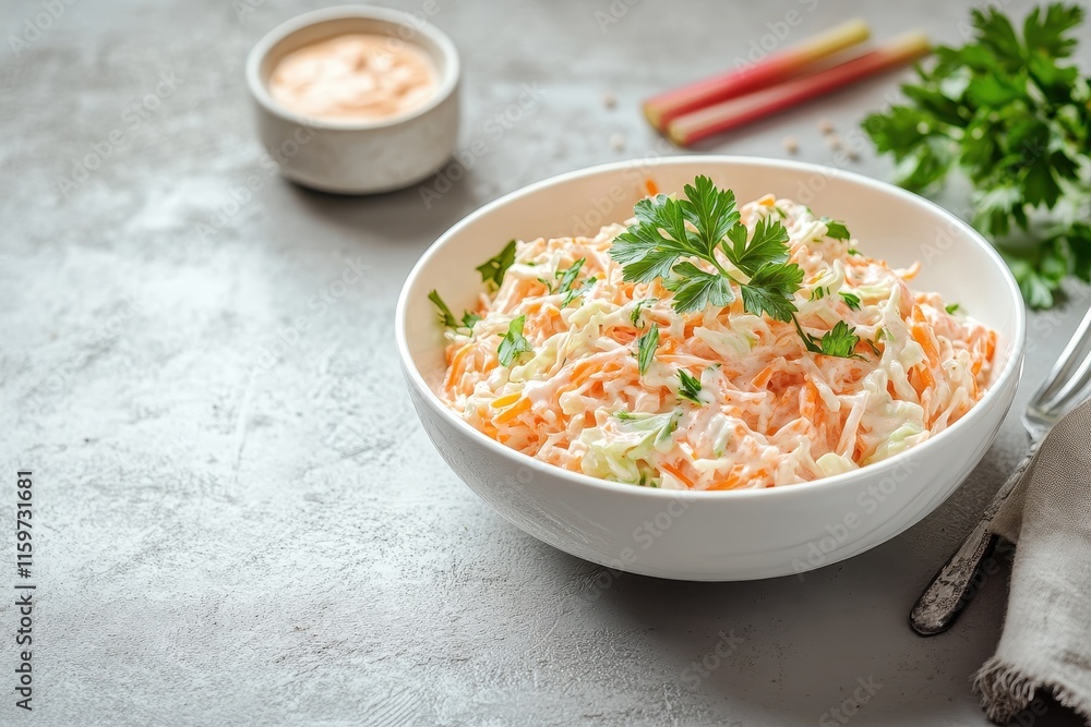 Coleslaw in a white bowl shredded cabbage grated carrot and rhubarb with orange mayo on a light concrete surface Coleslaw in a white bowl shredded cabbage grated carrot and rhubarb with orange mayo on a light concrete surface