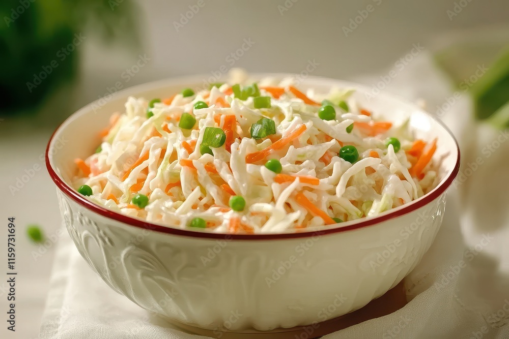 Coleslaw with carrots and green onions in a deep dish on a light surface Healthy meal Vertical view Coleslaw with carrots and green onions in a deep dish on a light surface Healthy meal Vertical view