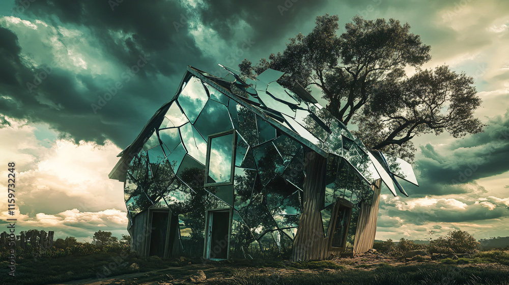 A house with a roof made of mirrors shattered by a fallen tree, reflecting thousands of distorted storm clouds, symbolizing the fractured reality after a disaster. A house with a roof made of mirrors shattered by a fallen tree, reflecting thousands of distorted storm clouds, symbolizing the fractured reality after a disaster.