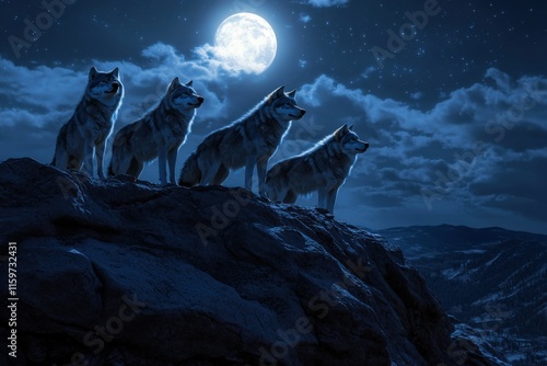 Wallpaper Mural Majestic wolf pack under moonlight overlooking vast valley Torontodigital.ca