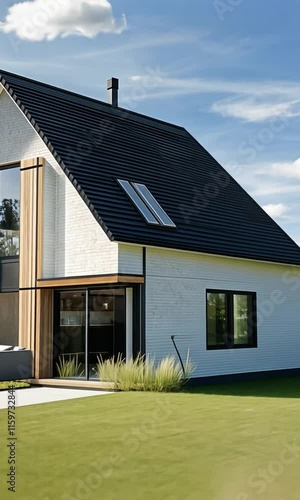 A modern house with large windows and a patio, surrounded by greenery and a clear sky.
