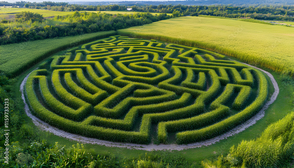 Aerial view of a large, intricate corn maze in a field, showcasing its complex design and surrounding landscape. Aerial view of a large, intricate corn maze in a field, showcasing its complex design and surrounding landscape.