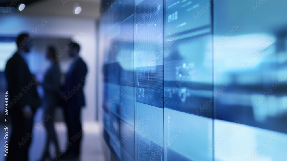 Fototapeta premium Corporate team in an advanced tech conference room. Featuring high-tech interfaces and interactive screens