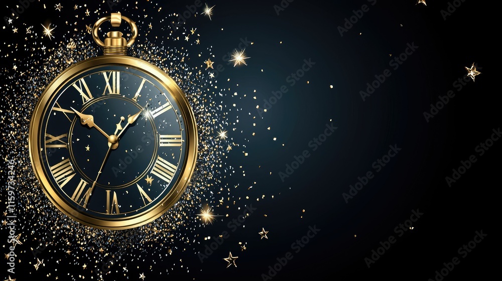 Gold pocket watch with Roman numerals, glittering dust, and stars on dark background; New Year's Eve concept. Gold pocket watch with Roman numerals, glittering dust, and stars on dark background; New Year's Eve concept.