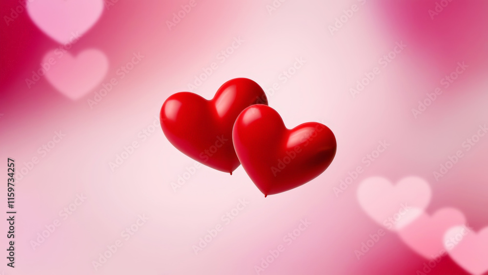 Two levitating red hearts on a pink bokeh background with blurred hearts. The image features romantic floating hearts, soft lighting, and a dreamy Valentine's Day aesthetic Two levitating red hearts on a pink bokeh background with blurred hearts. The image features romantic floating hearts, soft lighting, and a dreamy Valentine's Day aesthetic