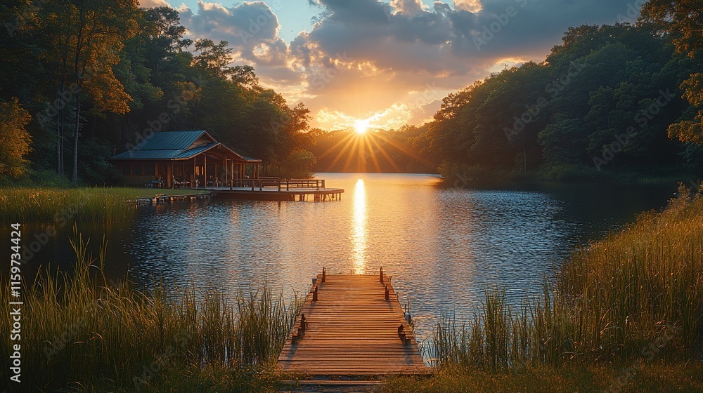 Fototapeta premium Lakeside Cabin Sunset Peaceful Tranquil Scene
