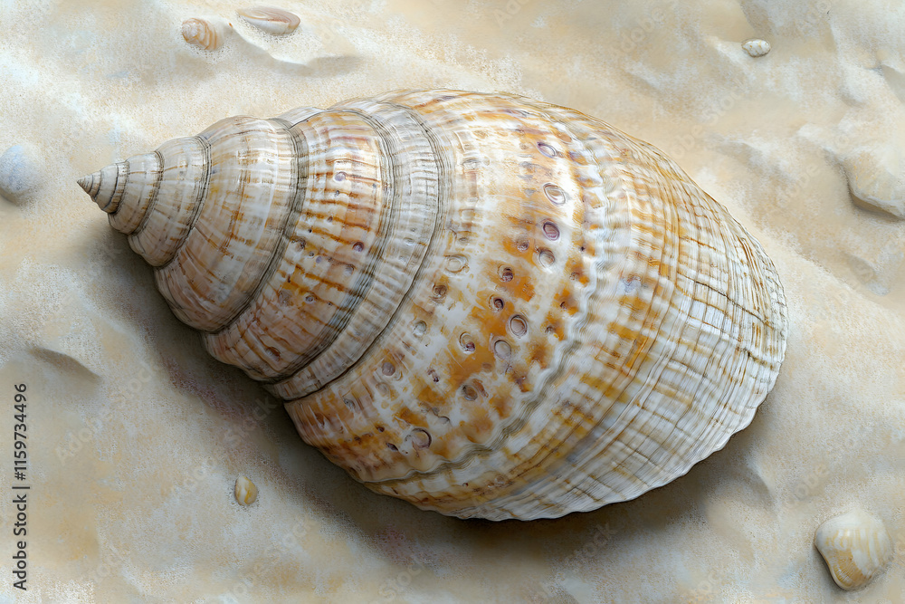 Stunning close-up of a large seashell resting on light beige sand. Detailed texture and warm tones are visible. Stunning close-up of a large seashell resting on light beige sand. Detailed texture and warm tones are visible.