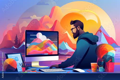 Designer working at computer with vibrant mountain artwork
