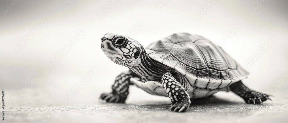 Fototapeta premium Black and white photo of a small turtle walking.