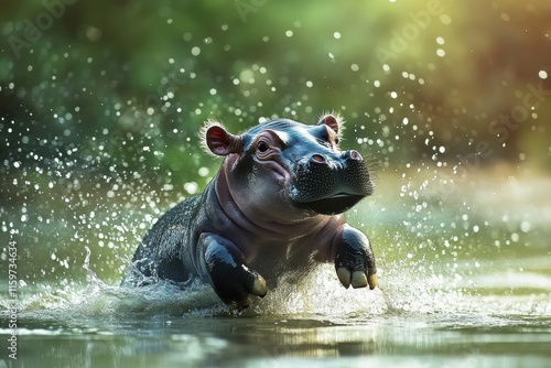 Youthful hippo splashing in sunlightfilled serene river scene photo