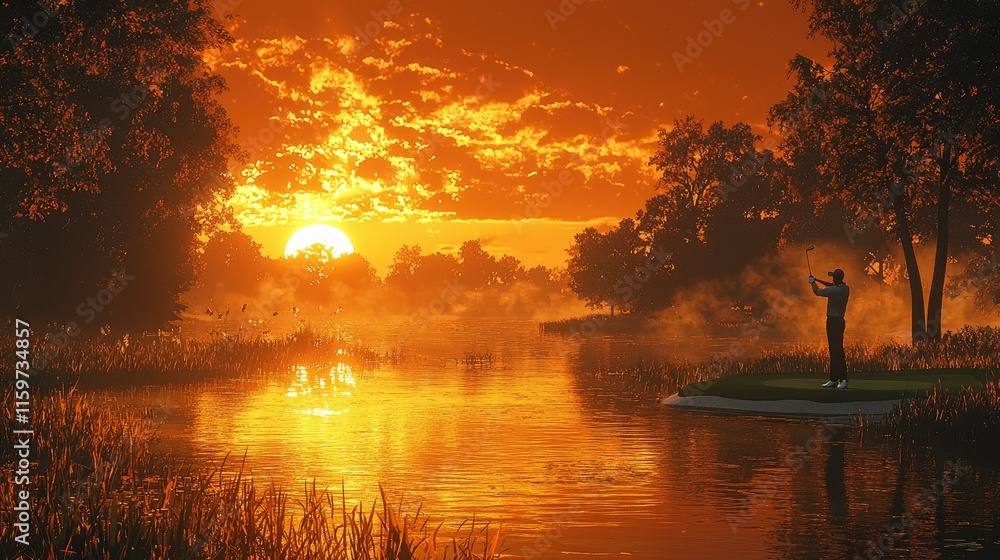 Golfer silhouetted against a vibrant sunset over a tranquil river and lush green landscape. Golfer silhouetted against a vibrant sunset over a tranquil river and lush green landscape.