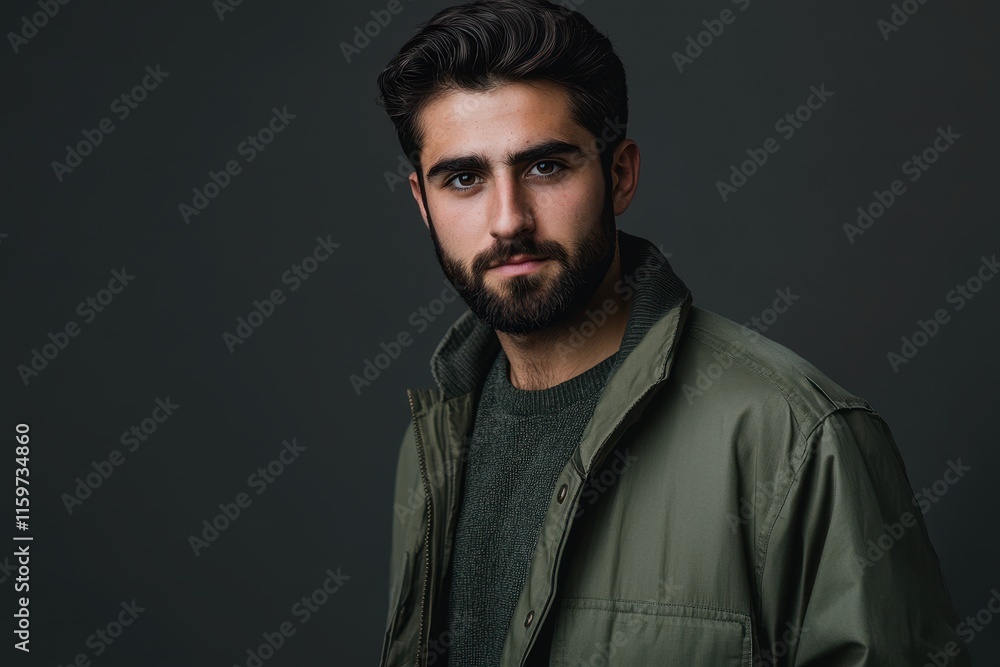 Front view of a bearded dark haired European businessman in a casual jacket young and attractive set against a dark gray backdrop Studio photograph Front view of a bearded dark haired European businessman in a casual jacket young and attractive set against a dark gray backdrop Studio photograph