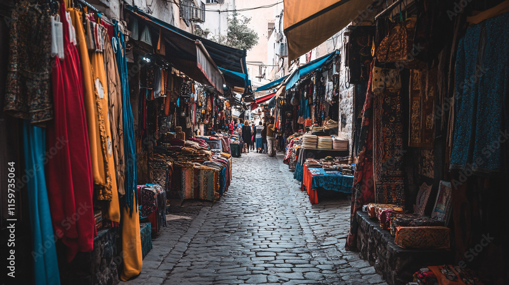 Fototapeta premium A market set up along a winding cobblestone street, with each vendors stall decorated in different shades of bright fabrics, and the scent of fresh food filling the air.