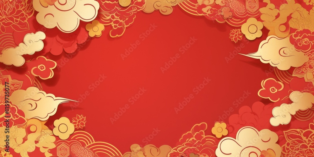 Naklejka premium Red background with golden auspicious clouds and circles on the right side, featuring traditional Chinese New Year patterns.