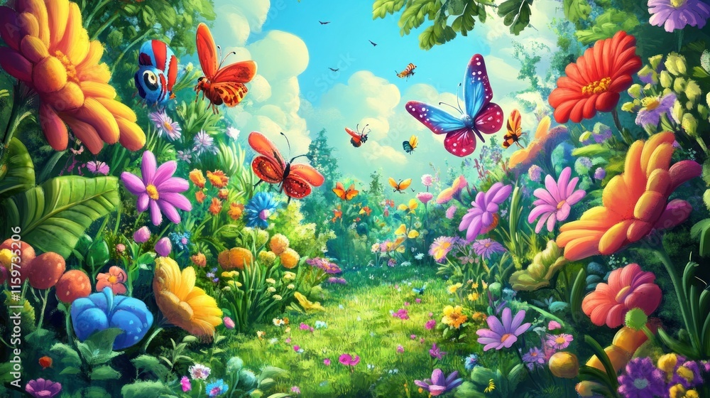 A colorful meadow with wildflowers, butterflies, and a path leading into a forest. A colorful meadow with wildflowers, butterflies, and a path leading into a forest.