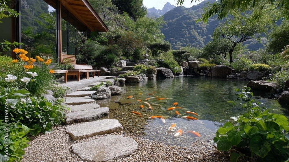 Fototapeta premium Serenity of Koi Pond Waterfall