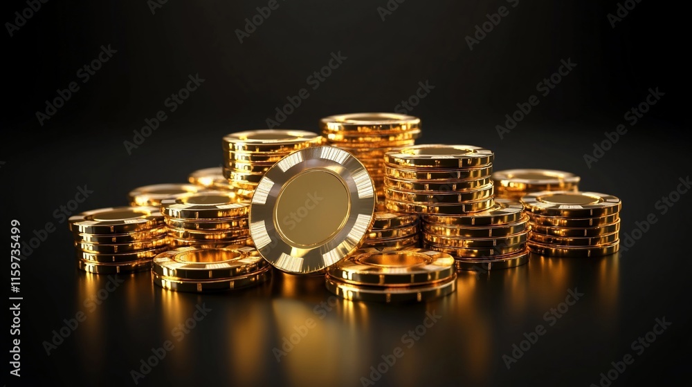 Gold casino chips stacked on a dark surface. Gold casino chips stacked on a dark surface.