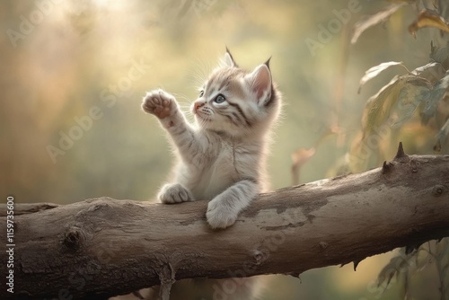 Lynx kitten playing with a fallen branch in the forest