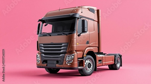 Modern brown semi truck against pink background for transportation and logistics themes photo