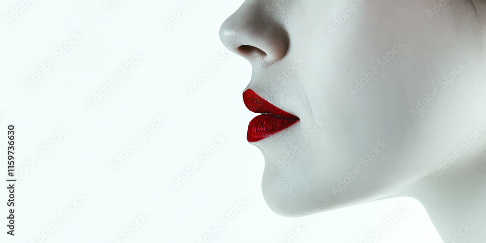 Close-up profile of woman with red lips on white background Close-up profile of woman with red lips on white background