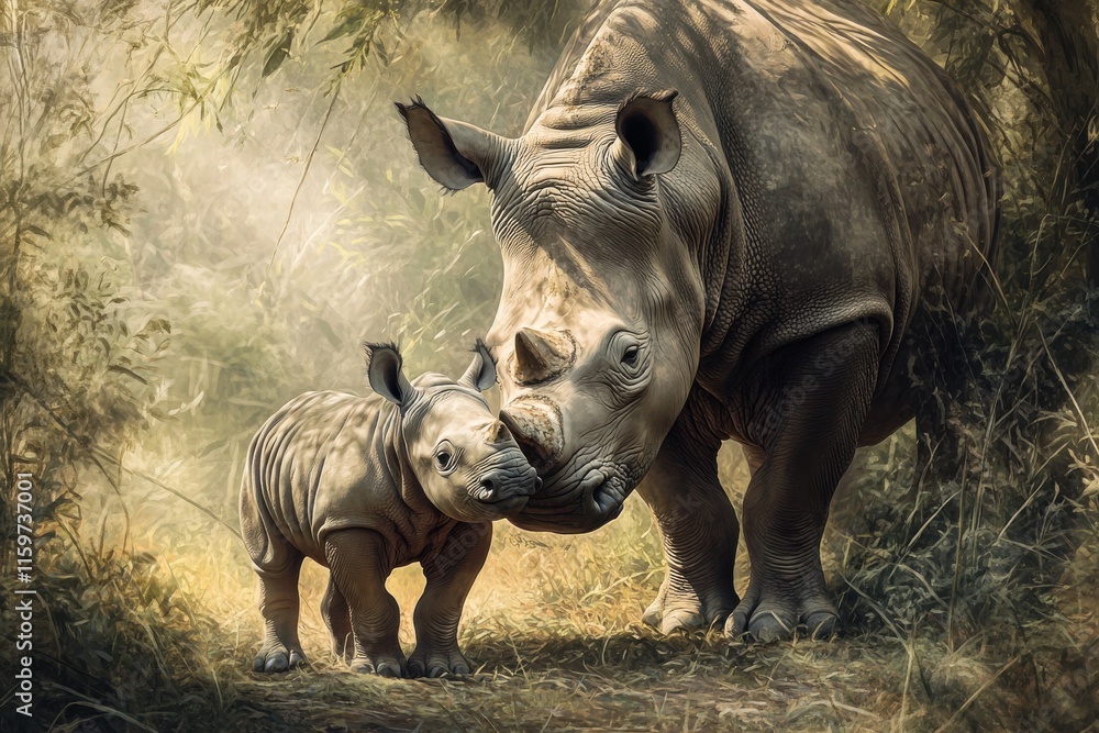 Fototapeta premium Rhinoceros calf bonds with mother in serene grassland scene