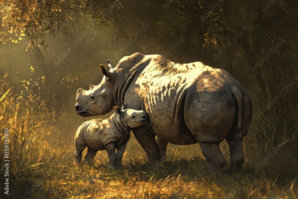 Fototapeta premium Rhinoceros calf bonds with mother in serene grassland scene