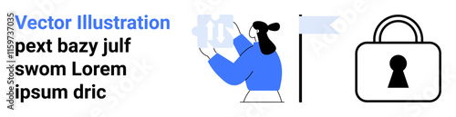 Person in blue holding a gear, next to a flag and padlock. Ideal for security, optimization, process management, technology, data protection, cybersecurity control systems. Landing page