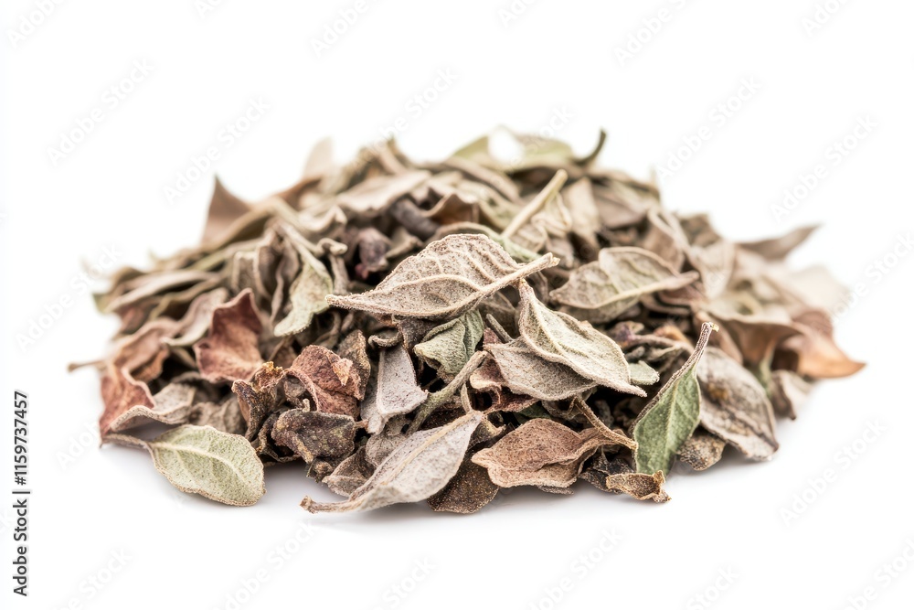Isolated dried oregano spice on a white background viewed from above Isolated dried oregano spice on a white background viewed from above