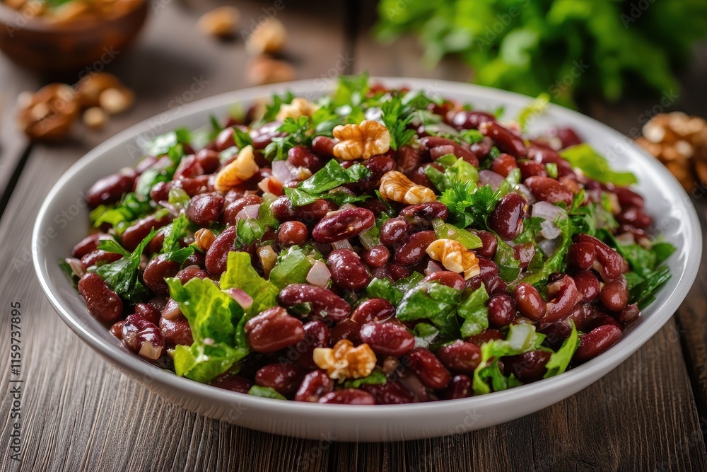 Italian style salad of Mediterranean red beans mixed lettuce and walnuts served on a white plate atop a wooden table with empty space close up view Italian style salad of Mediterranean red beans mixed lettuce and walnuts served on a white plate atop a wooden table with empty space close up view