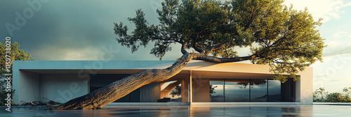 A massive uprooted tree resting on the roof of a modern house, with storm damage visible all around, symbolizing the fragility of even well-built structures.  