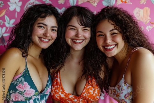 Joyful women of varied skin tones smiling and hugging Three diverse women confidently celebrating their natural beauty Body positive young women united in a stu photo