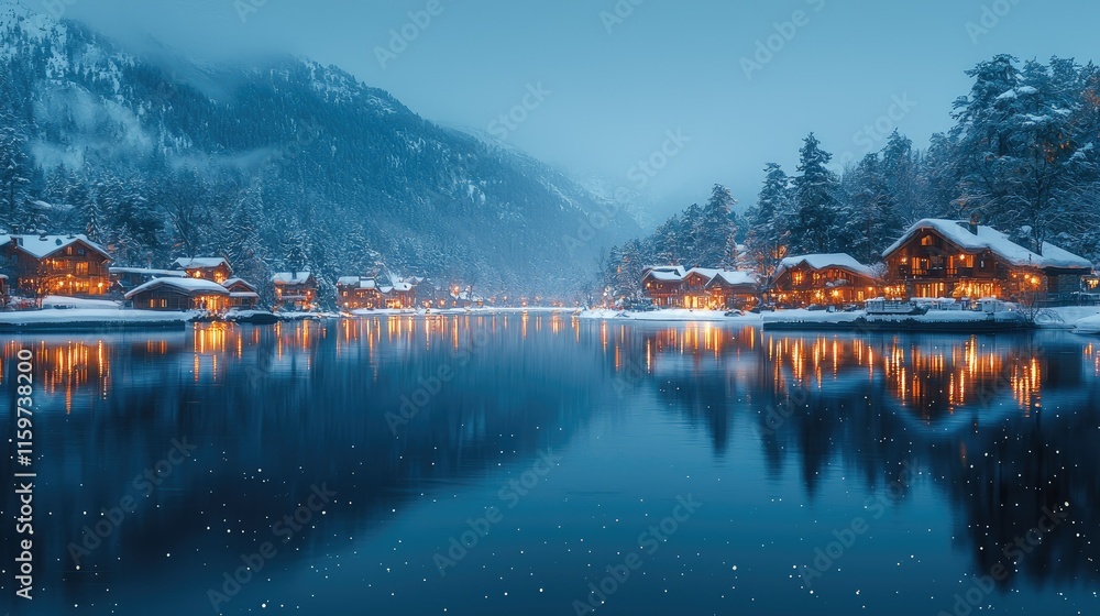 Fototapeta premium A serene winter scene featuring cozy cabins by a snowy lake at dusk.