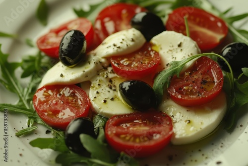 Mediterranean cuisine Mozzarella salad with tomatoes olives arugula and olive oil Nutritious meal influenced by Italian and Greek traditions photo