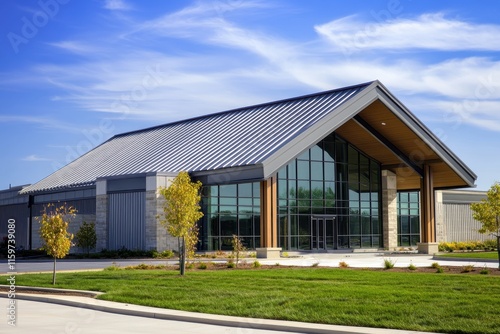 Metal roof on commercial building under blue sky