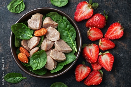 New salad featuring chicken liver spinach strawberries almonds and mint Nutritious meal keto friendly lunch idea Paleo diet menu recipe space overhead view photo