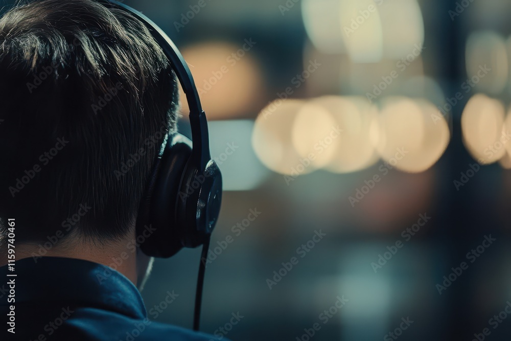 Office based hotline operator wearing a headset area for text Office based hotline operator wearing a headset area for text