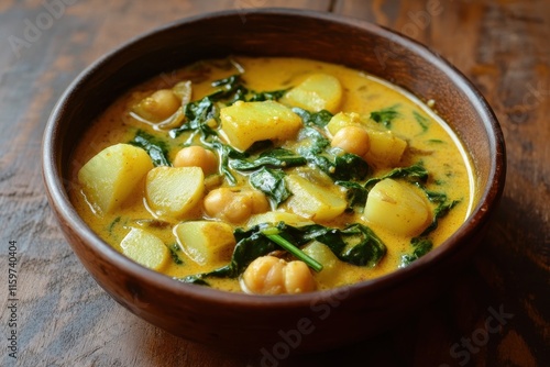 Nutritious plant based curry with chickpeas potatoes spinach almonds and onions photo