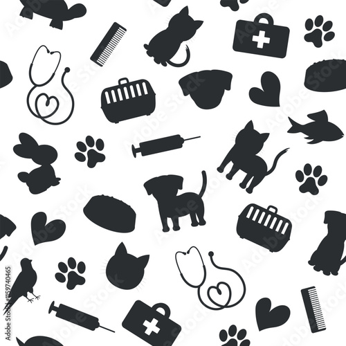 Silhouette Pattern of Animals and Veterinary Items - Dogs, Cats, Rabbit, Turtle, Medicine bag, Syringe, Stethoscope, Footprints and more. Seamless Link.